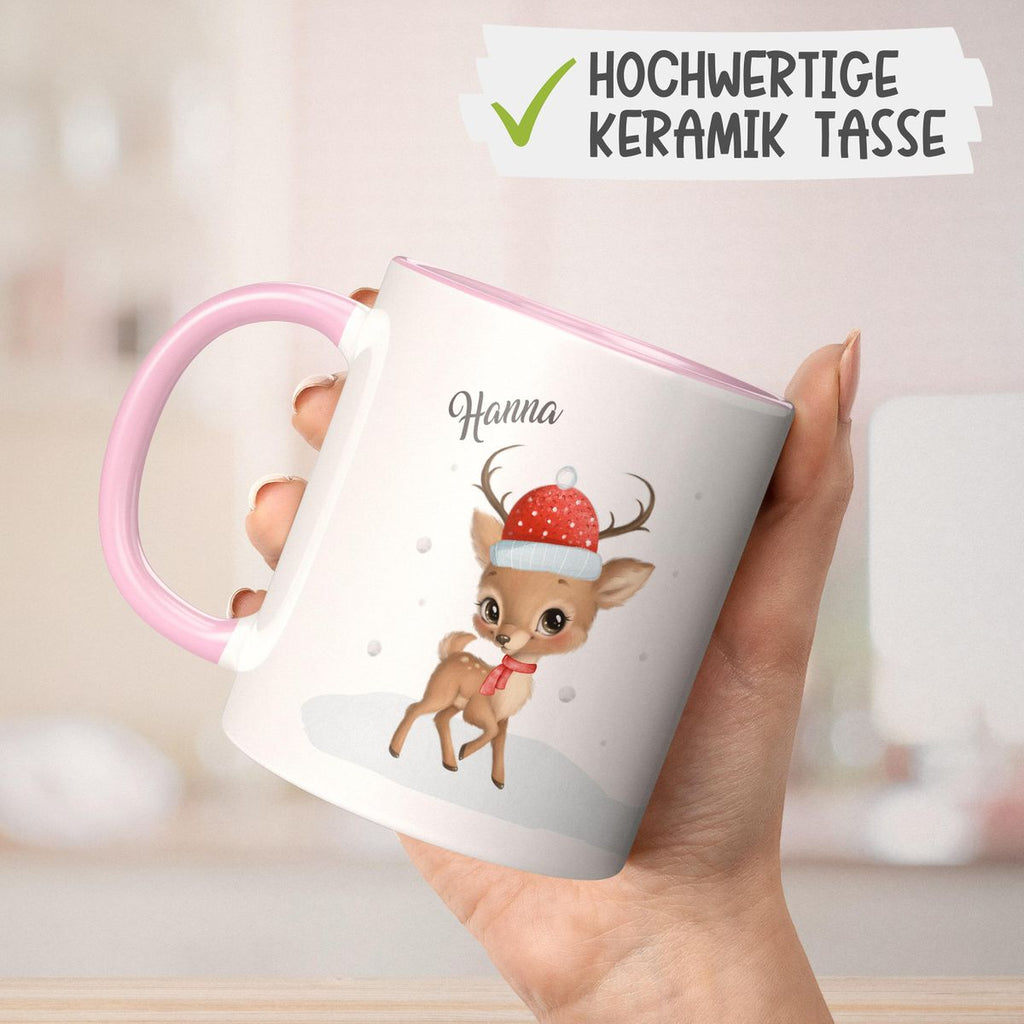 Keramik Tasse Niedliches kleines Reh im Winter - personalisiert mit Namen - von Mikalino