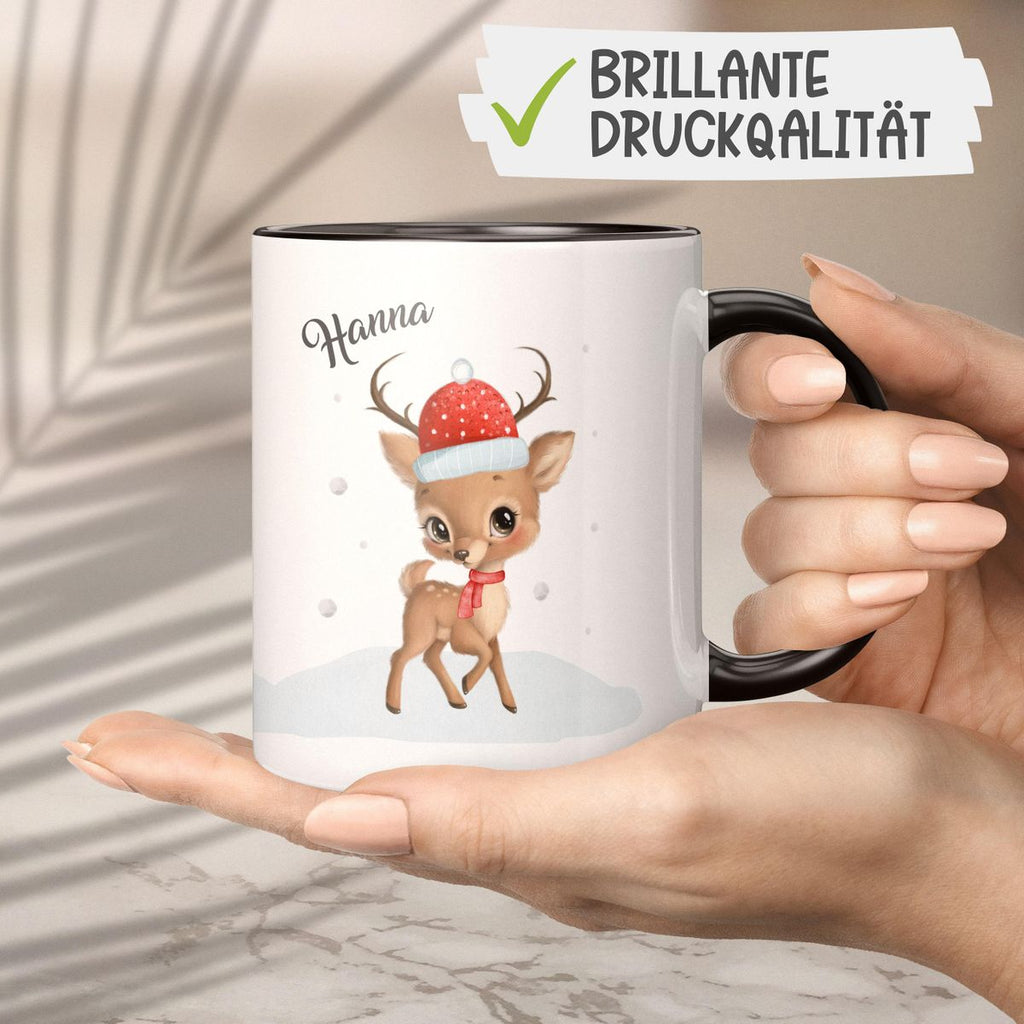 Keramik Tasse Niedliches kleines Reh im Winter - personalisiert mit Namen - von Mikalino