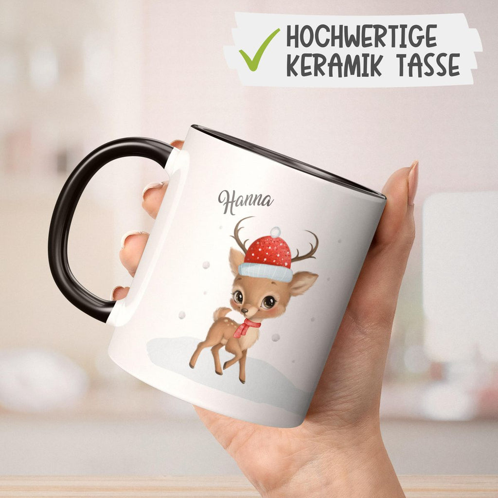 Keramik Tasse Niedliches kleines Reh im Winter - personalisiert mit Namen - von Mikalino