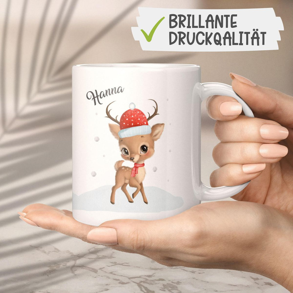 Keramik Tasse Niedliches kleines Reh im Winter - personalisiert mit Namen - von Mikalino