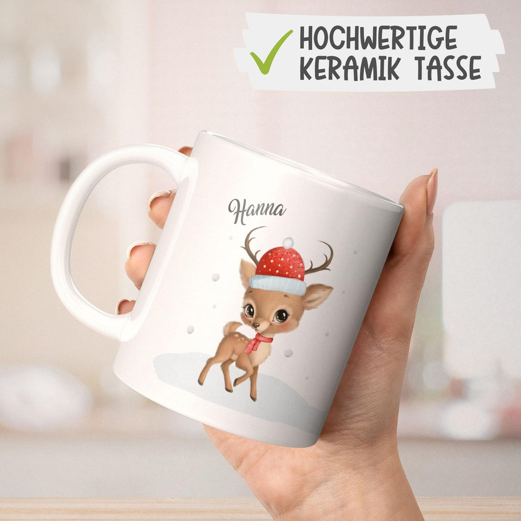 Keramik Tasse Niedliches kleines Reh im Winter - personalisiert mit Namen - von Mikalino