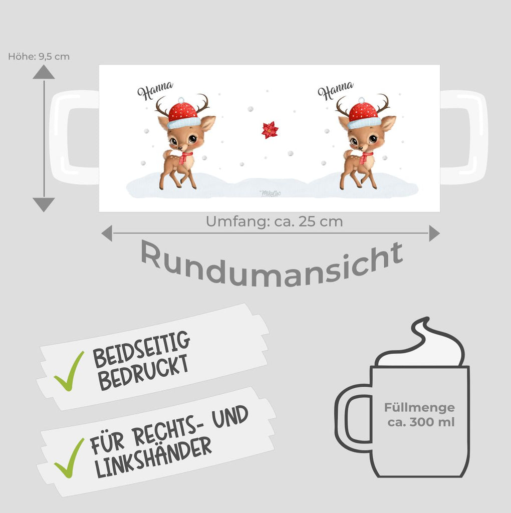 Keramik Tasse Niedliches kleines Reh im Winter - personalisiert mit Namen - von Mikalino