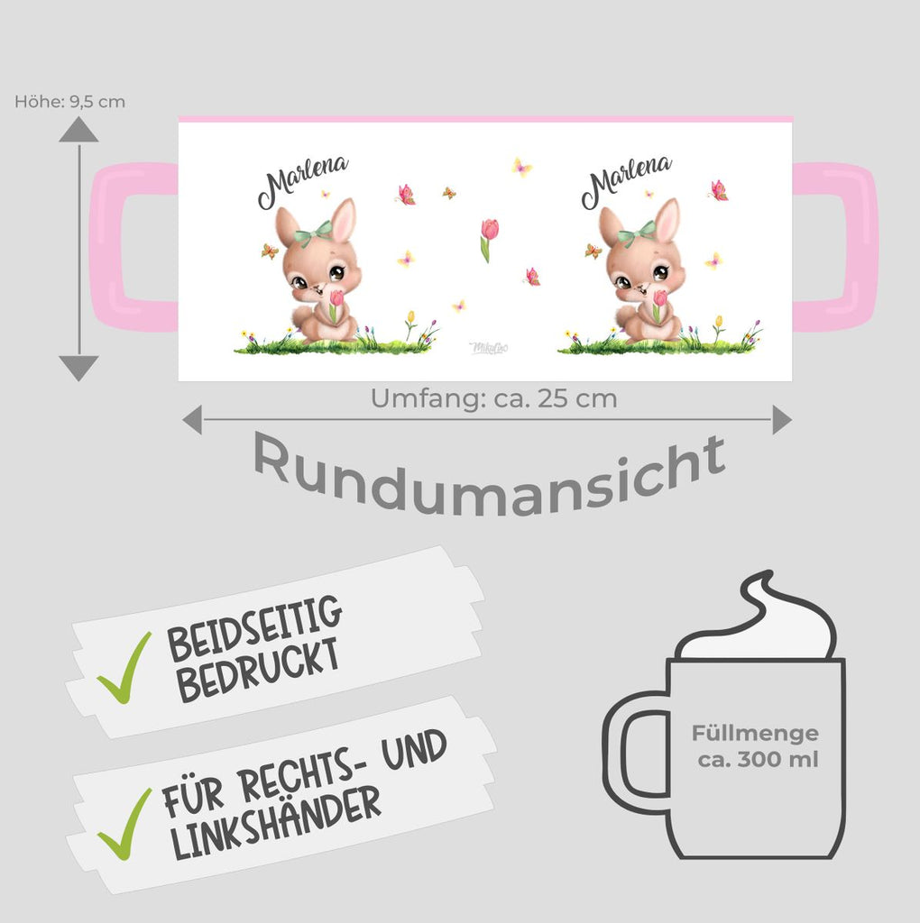 Keramik Tasse Fröhlicher Hase auf Blumenwiese - personalisiert mit Namen - von Mikalino