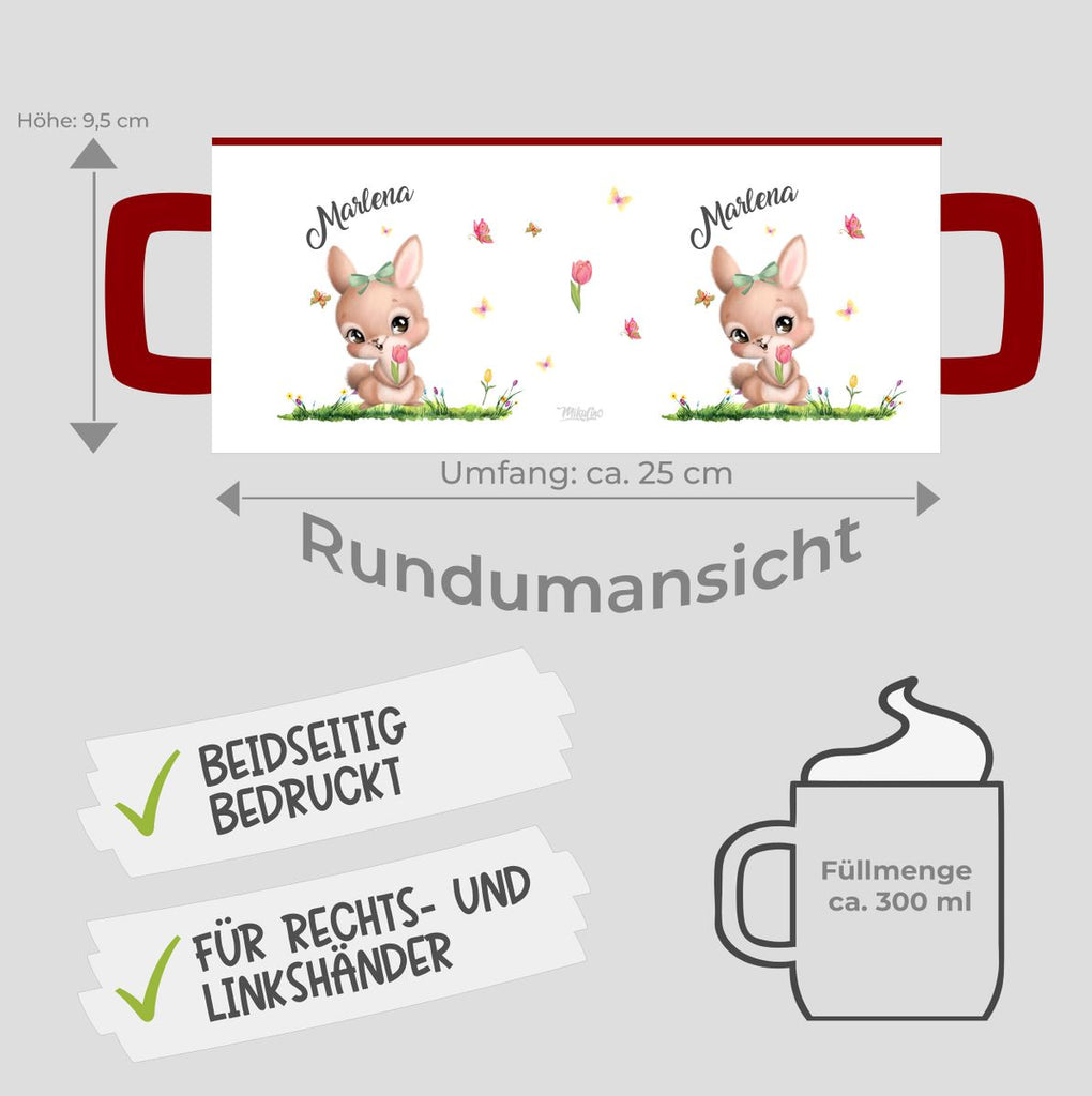 Keramik Tasse Fröhlicher Hase auf Blumenwiese - personalisiert mit Namen - von Mikalino