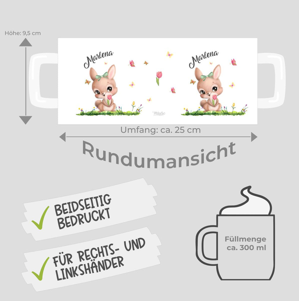 Keramik Tasse Fröhlicher Hase auf Blumenwiese - personalisiert mit Namen - von Mikalino