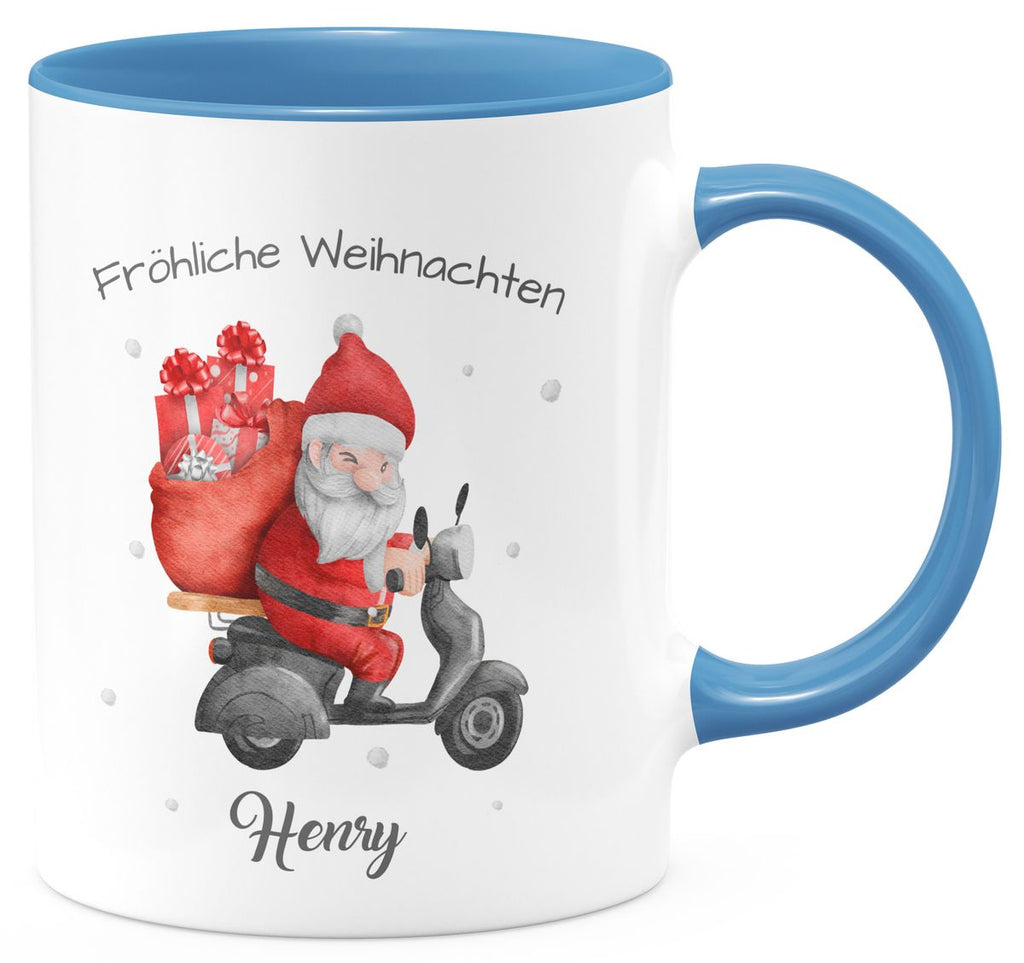 Keramik Tasse Fröhlicher Weihnachtsmann auf einem Roller - personalisiert mit Namen - von Mikalino