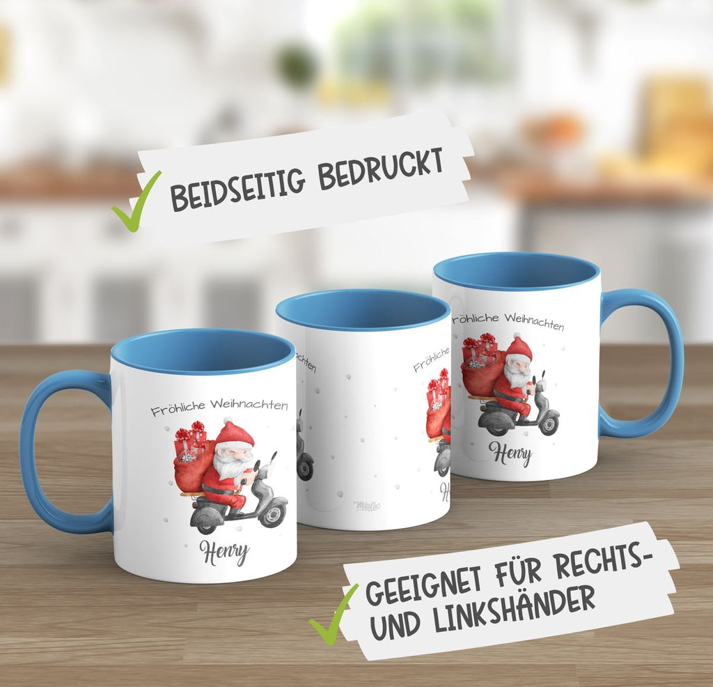 Keramik Tasse Fröhlicher Weihnachtsmann auf einem Roller - personalisiert mit Namen - von Mikalino