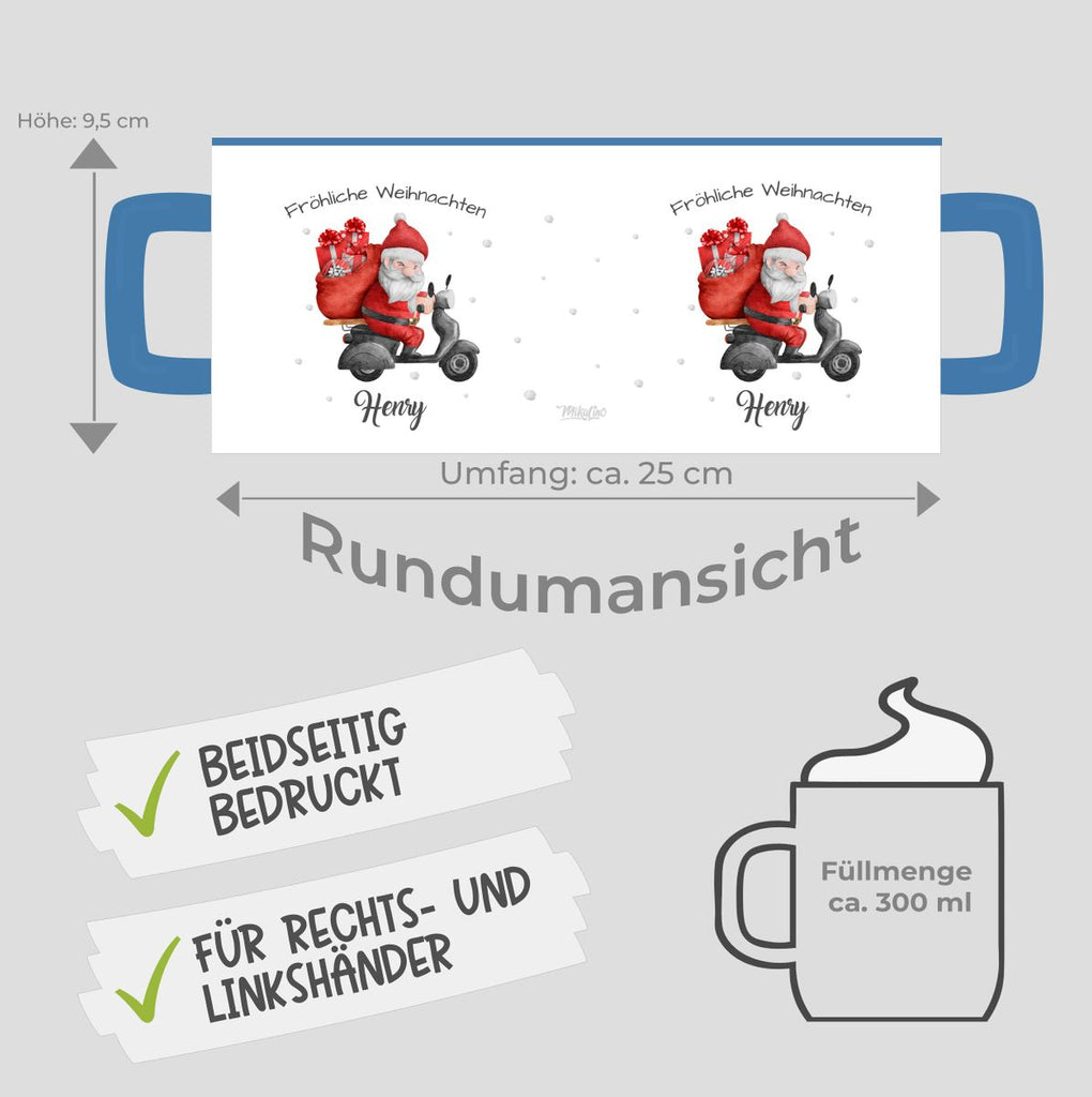 Keramik Tasse Fröhlicher Weihnachtsmann auf einem Roller - personalisiert mit Namen - von Mikalino