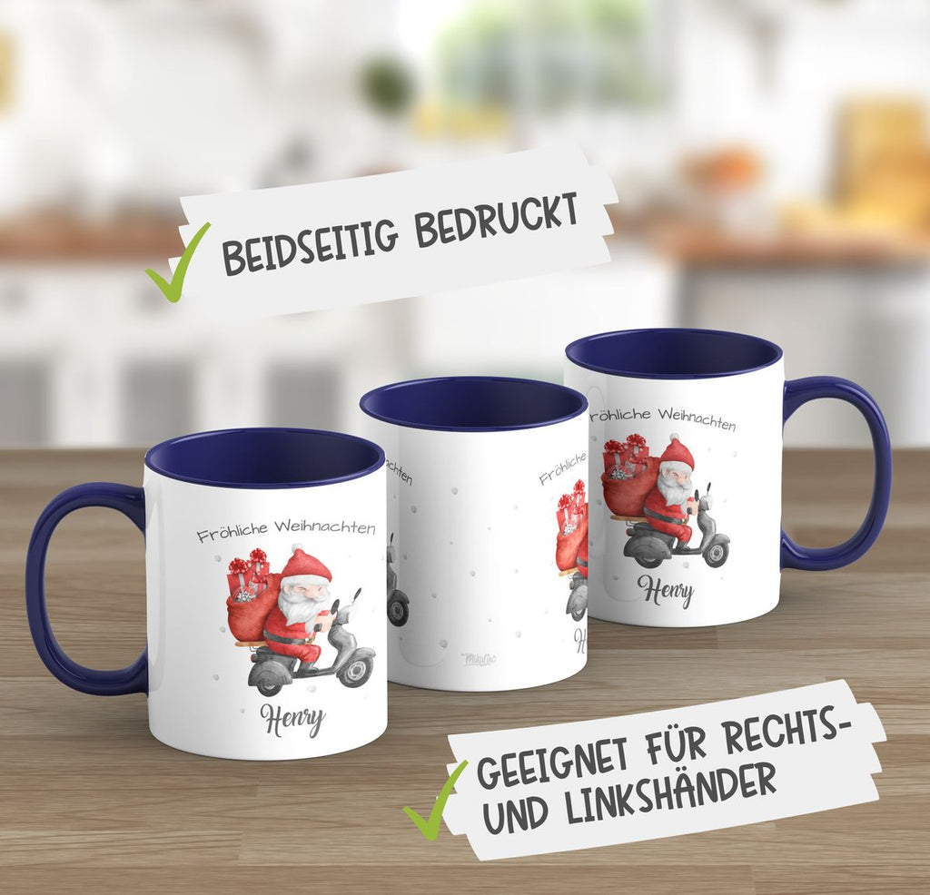 Keramik Tasse Fröhlicher Weihnachtsmann auf einem Roller - personalisiert mit Namen - von Mikalino