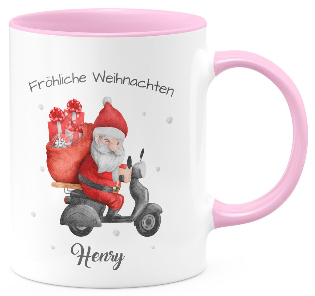 Keramik Tasse Fröhlicher Weihnachtsmann auf einem Roller - personalisiert mit Namen - von Mikalino