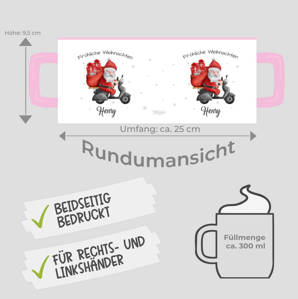 Keramik Tasse Fröhlicher Weihnachtsmann auf einem Roller - personalisiert mit Namen - von Mikalino