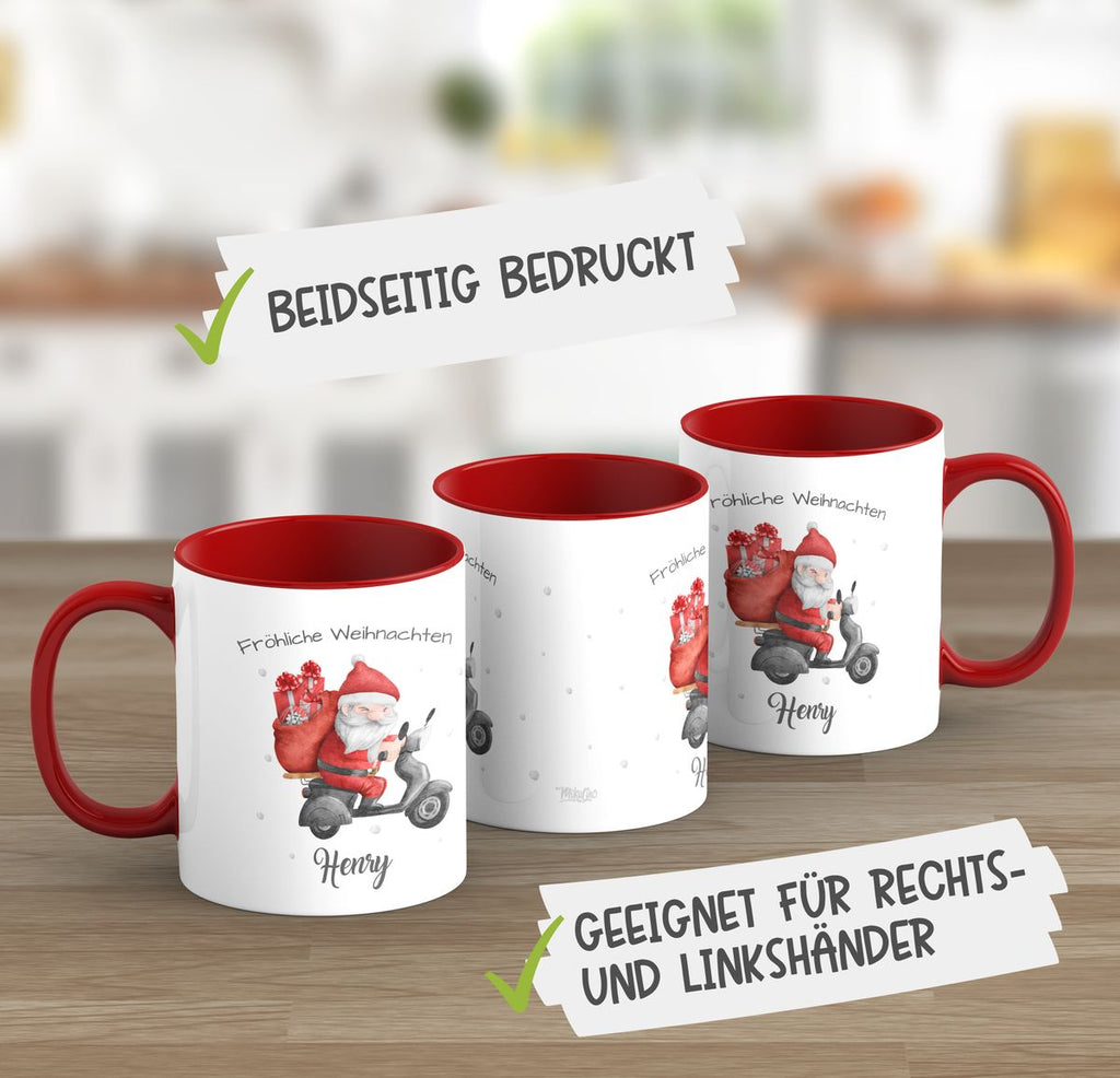 Keramik Tasse Fröhlicher Weihnachtsmann auf einem Roller - personalisiert mit Namen - von Mikalino