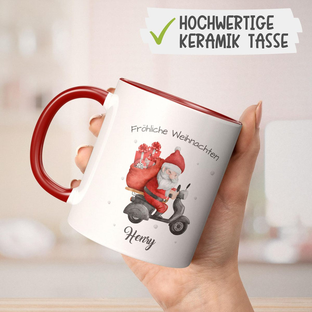 Keramik Tasse Fröhlicher Weihnachtsmann auf einem Roller - personalisiert mit Namen - von Mikalino