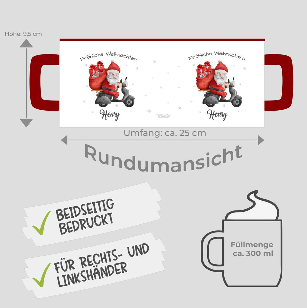 Keramik Tasse Fröhlicher Weihnachtsmann auf einem Roller - personalisiert mit Namen - von Mikalino