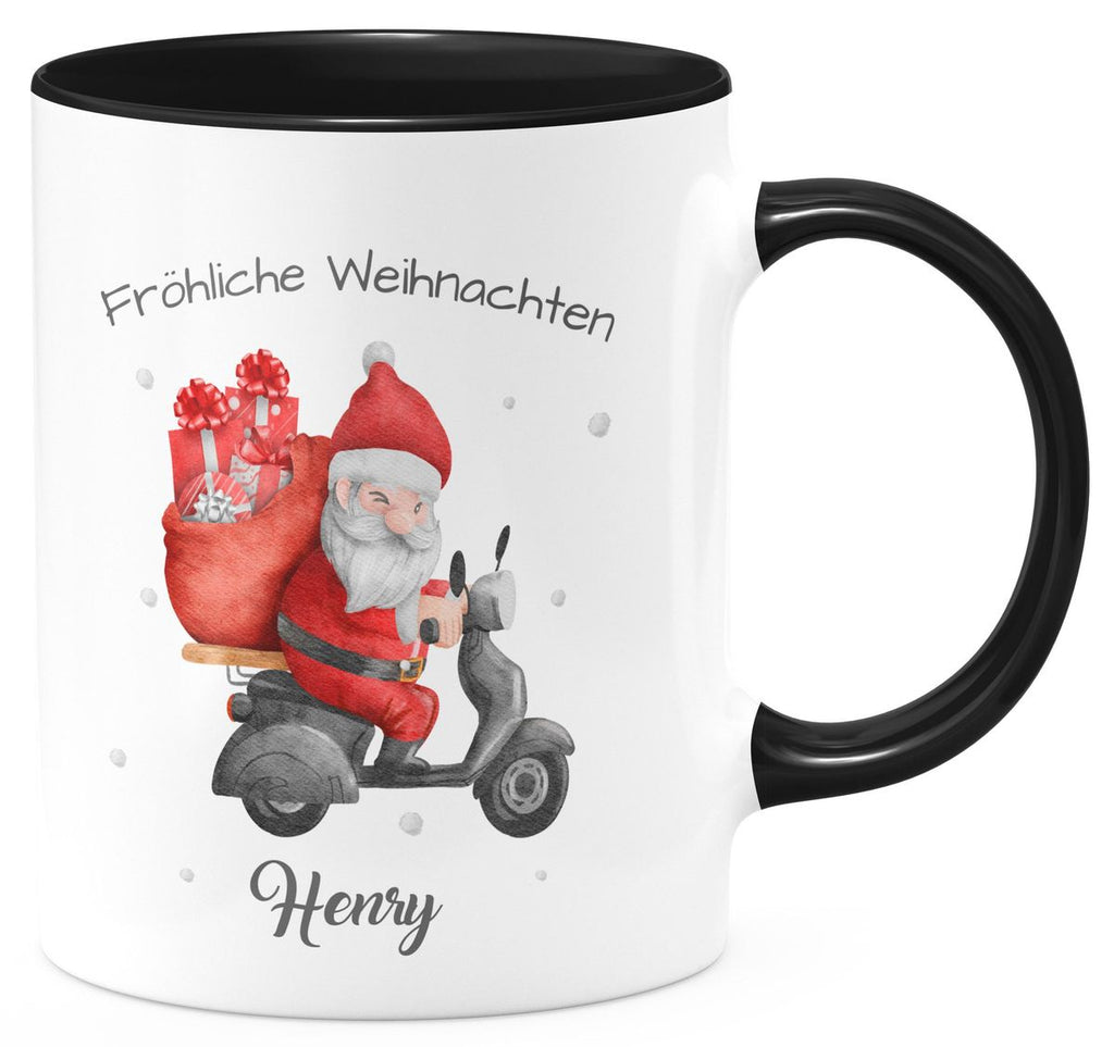 Keramik Tasse Fröhlicher Weihnachtsmann auf einem Roller - personalisiert mit Namen - von Mikalino