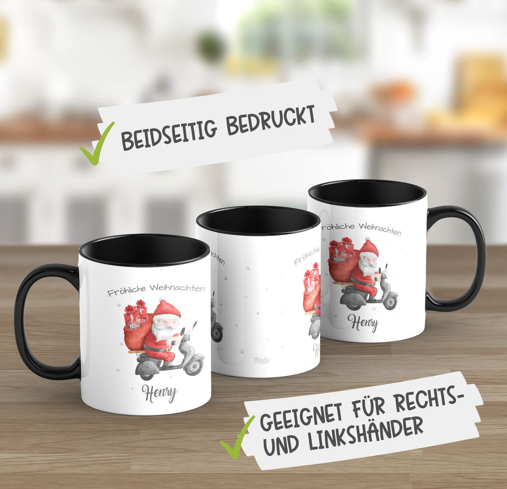 Keramik Tasse Fröhlicher Weihnachtsmann auf einem Roller - personalisiert mit Namen - von Mikalino