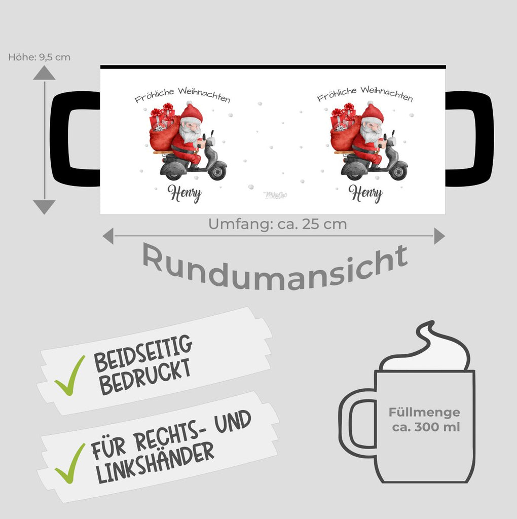 Keramik Tasse Fröhlicher Weihnachtsmann auf einem Roller - personalisiert mit Namen - von Mikalino