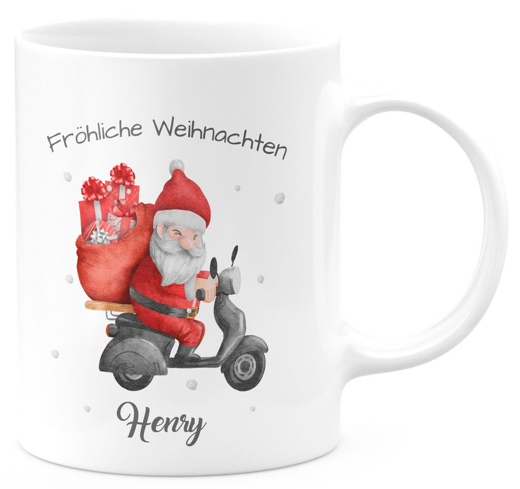 Keramik Tasse Fröhlicher Weihnachtsmann auf einem Roller - personalisiert mit Namen - von Mikalino