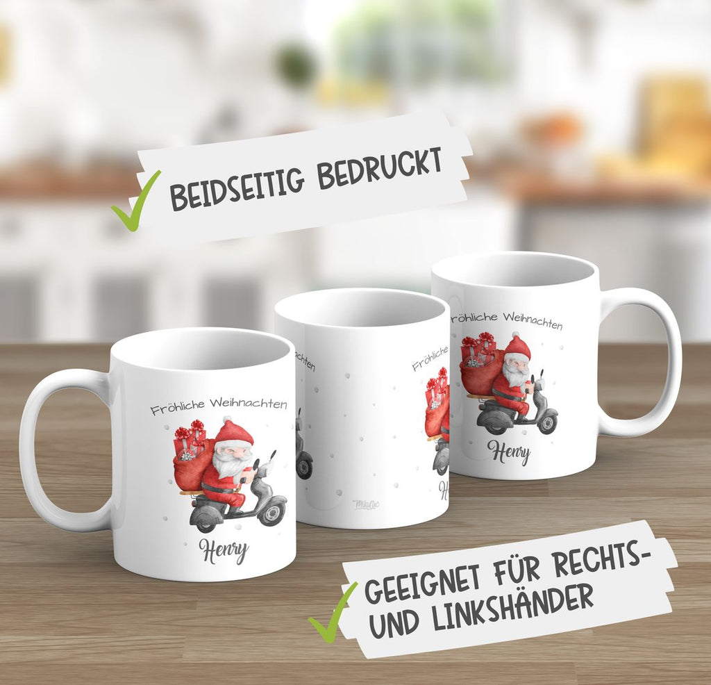 Keramik Tasse Fröhlicher Weihnachtsmann auf einem Roller - personalisiert mit Namen - von Mikalino