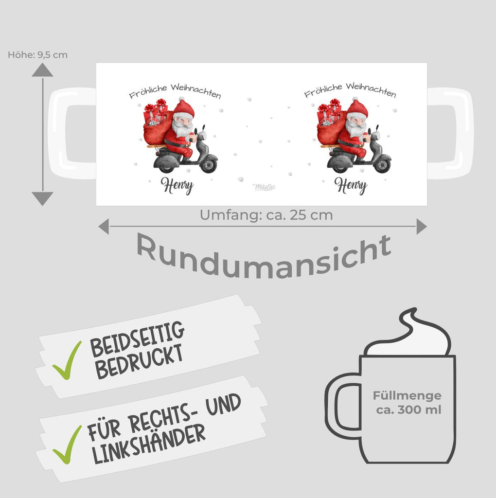 Keramik Tasse Fröhlicher Weihnachtsmann auf einem Roller - personalisiert mit Namen - von Mikalino