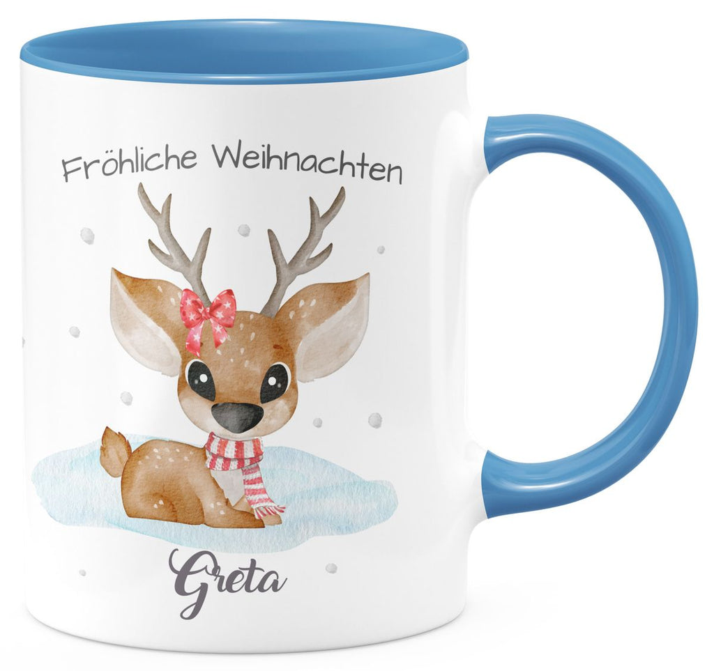 Keramik Tasse Fröhliche Weihnachten mit einem Niedlichen Reh im Schnee - personalisiert mit Namen - von Mikalino