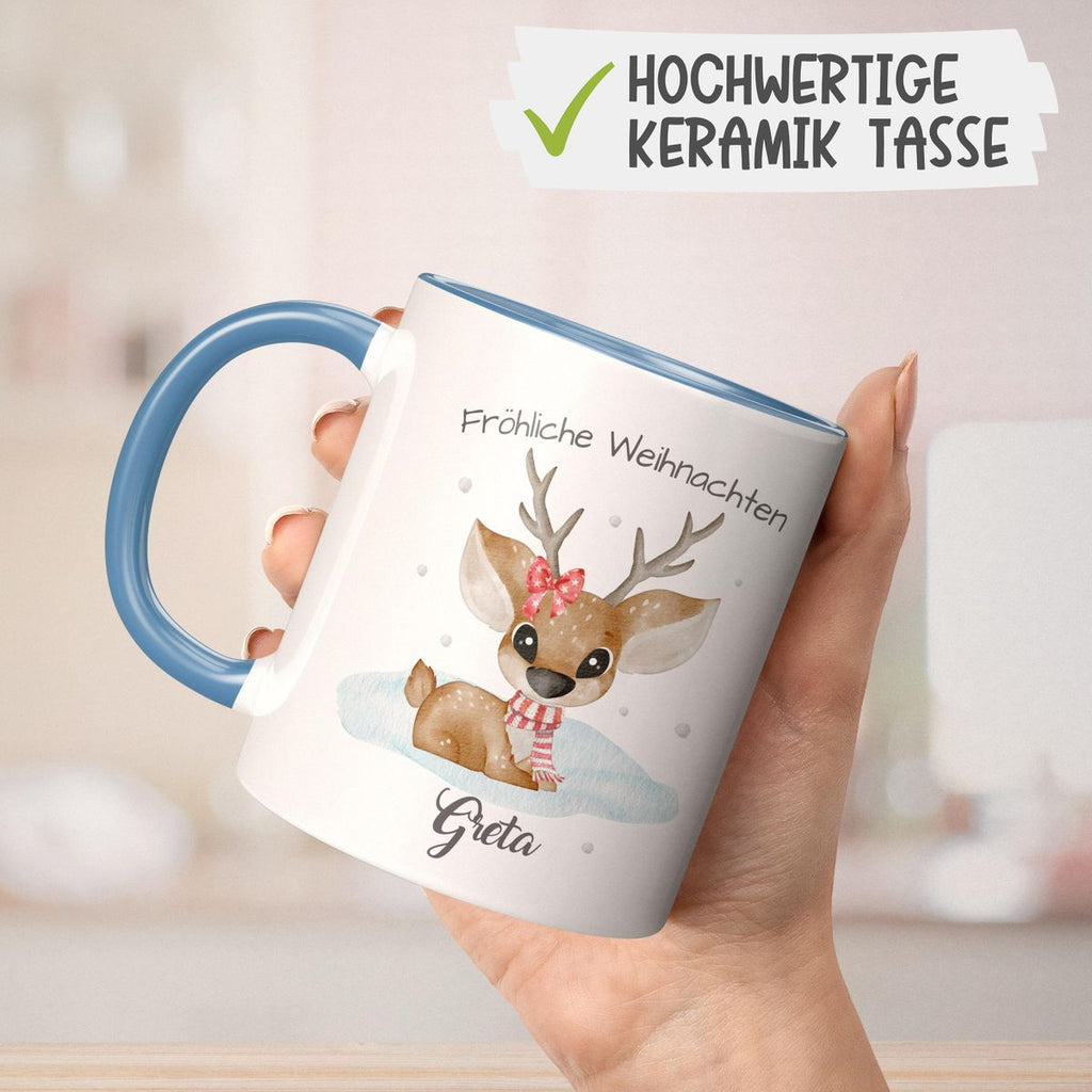 Keramik Tasse Fröhliche Weihnachten mit einem Niedlichen Reh im Schnee - personalisiert mit Namen - von Mikalino