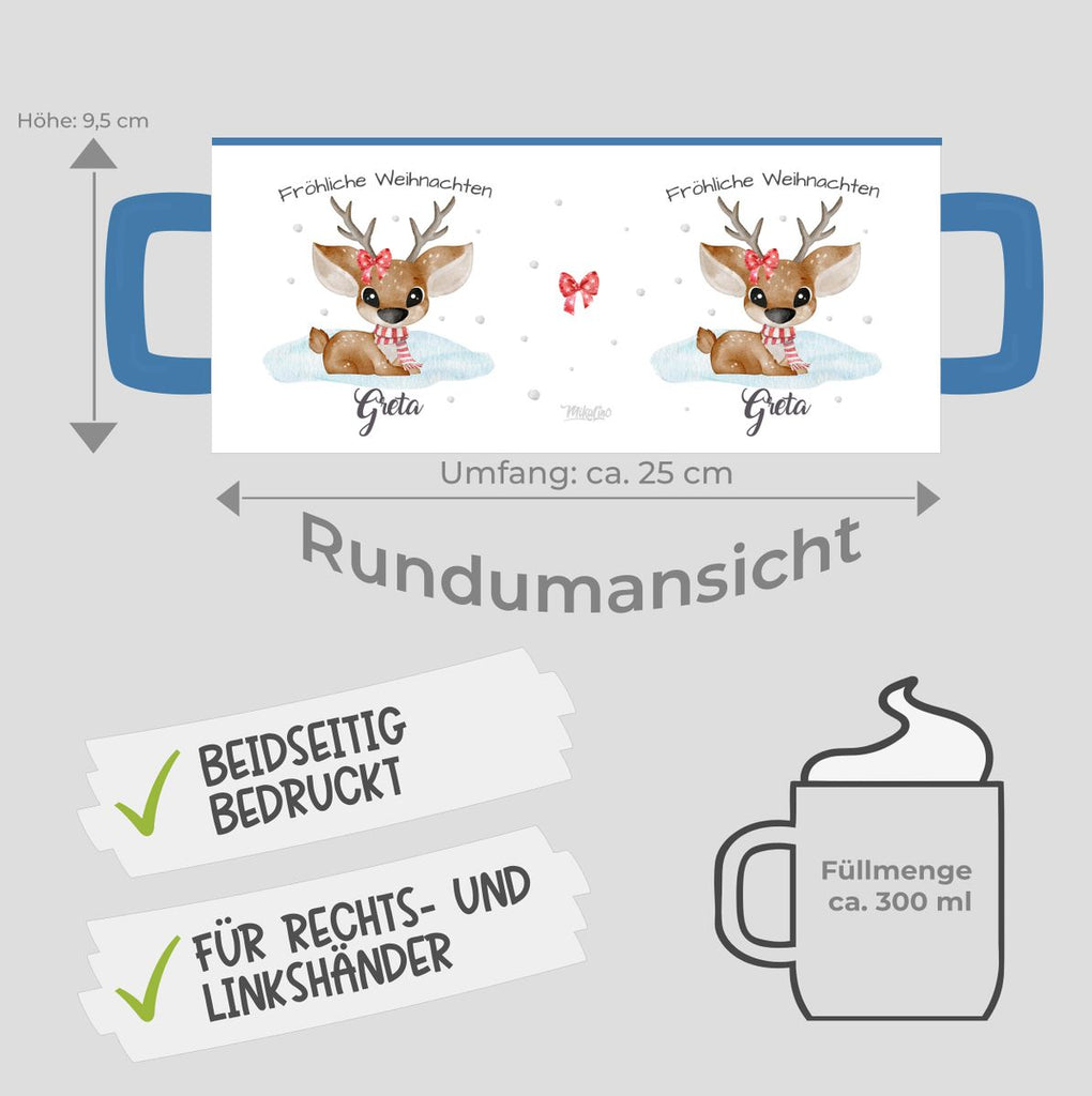 Keramik Tasse Fröhliche Weihnachten mit einem Niedlichen Reh im Schnee - personalisiert mit Namen - von Mikalino