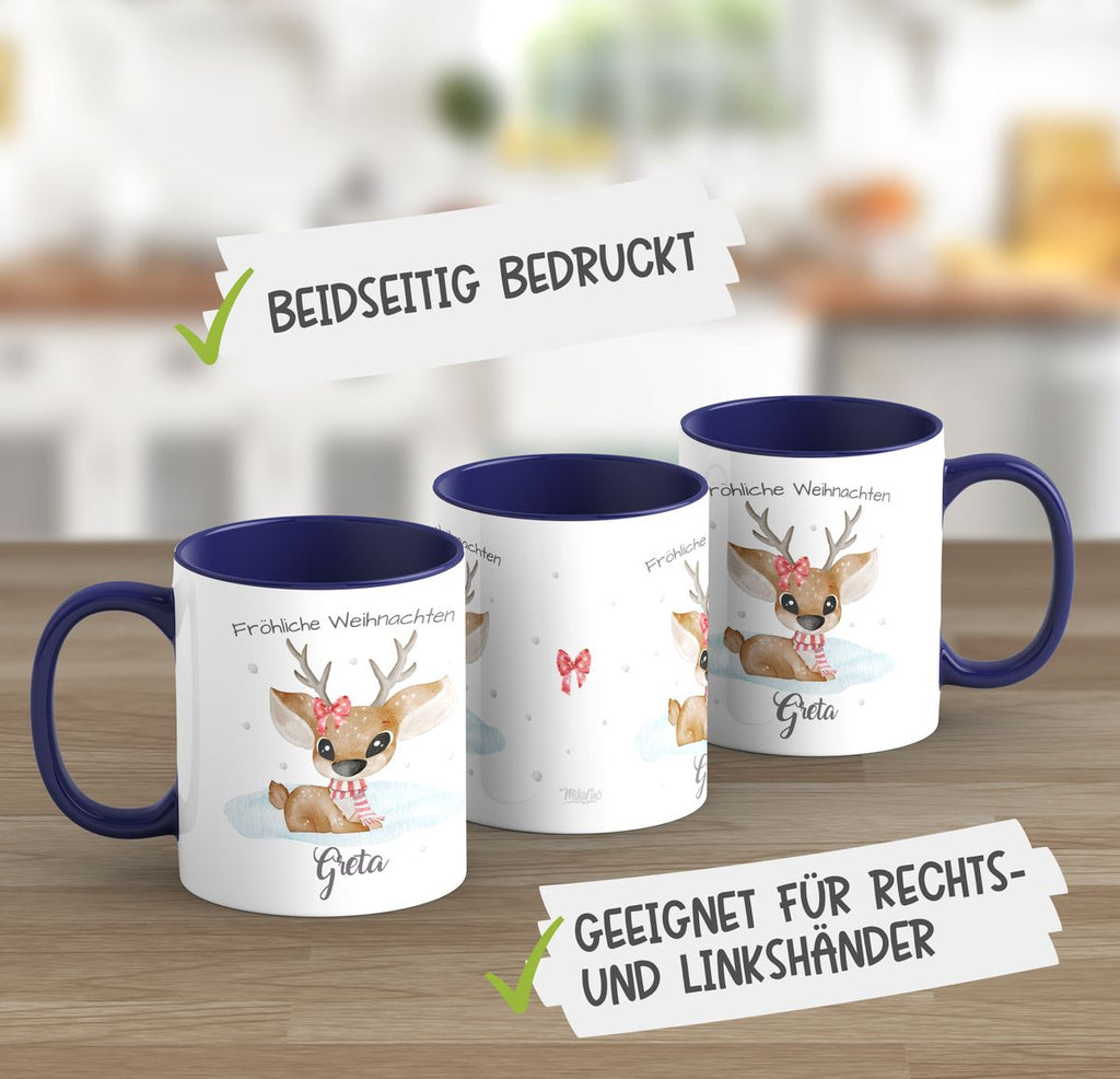 Keramik Tasse Fröhliche Weihnachten mit einem Niedlichen Reh im Schnee - personalisiert mit Namen - von Mikalino