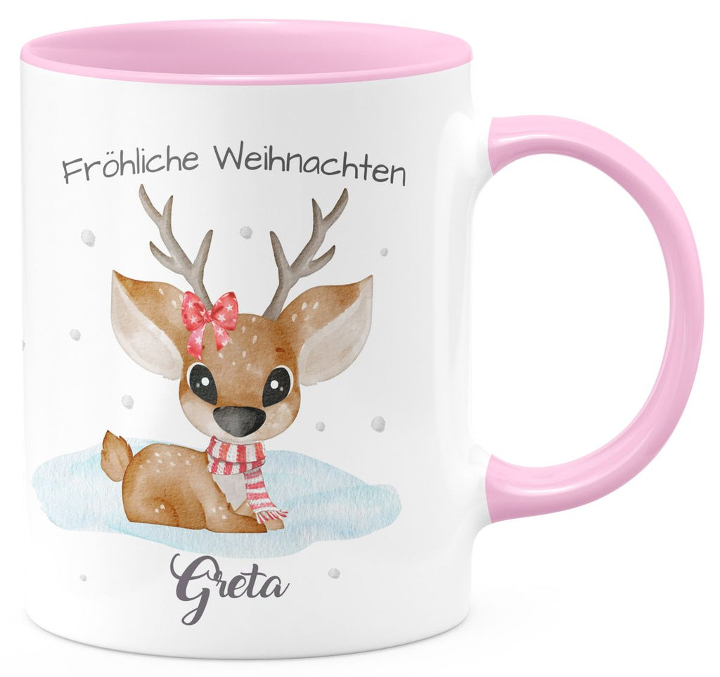 Keramik Tasse Fröhliche Weihnachten mit einem Niedlichen Reh im Schnee - personalisiert mit Namen - von Mikalino