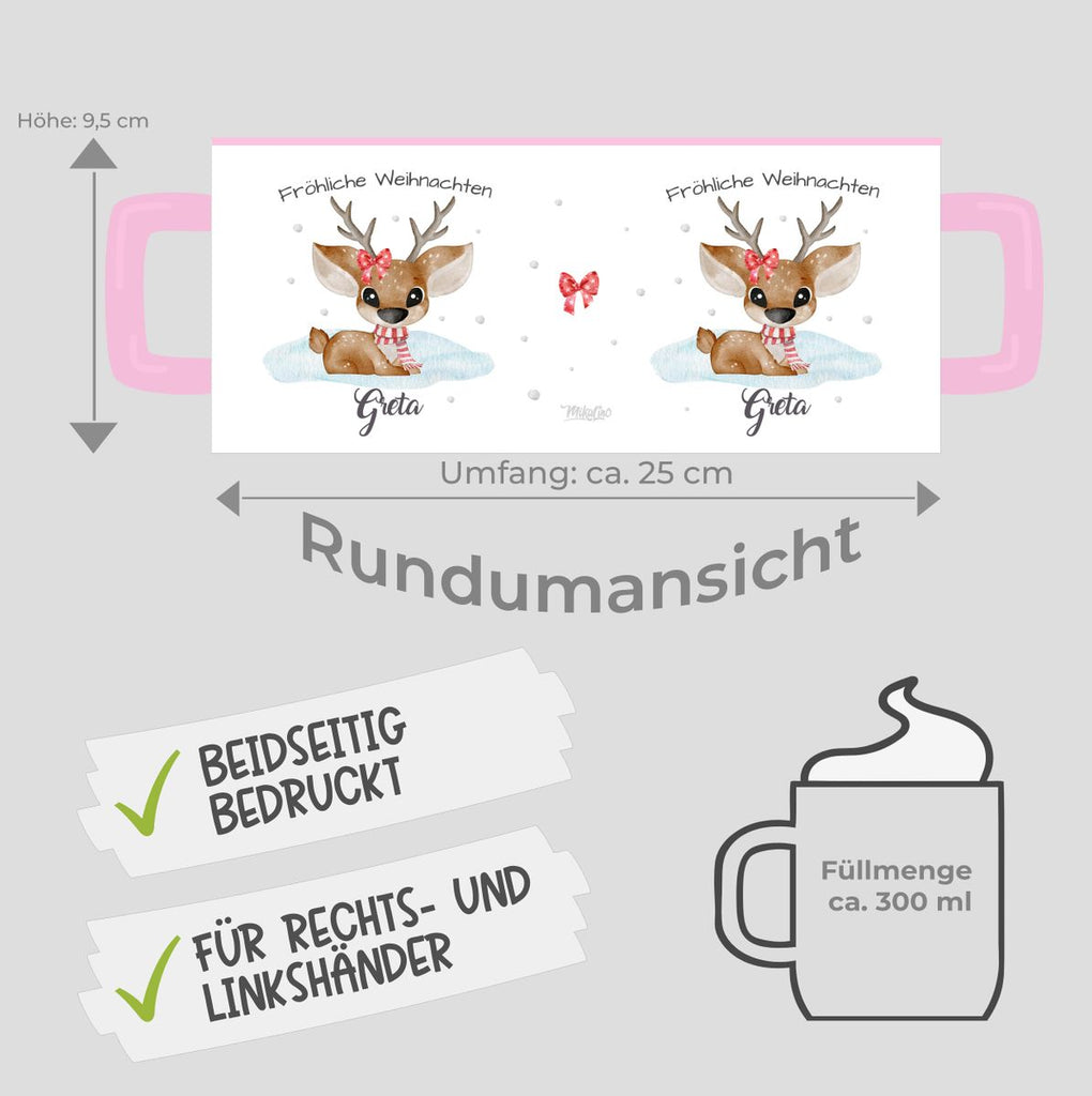 Keramik Tasse Fröhliche Weihnachten mit einem Niedlichen Reh im Schnee - personalisiert mit Namen - von Mikalino