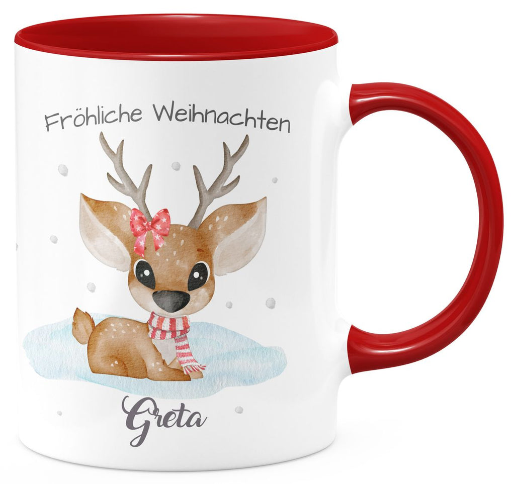 Keramik Tasse Fröhliche Weihnachten mit einem Niedlichen Reh im Schnee - personalisiert mit Namen - von Mikalino