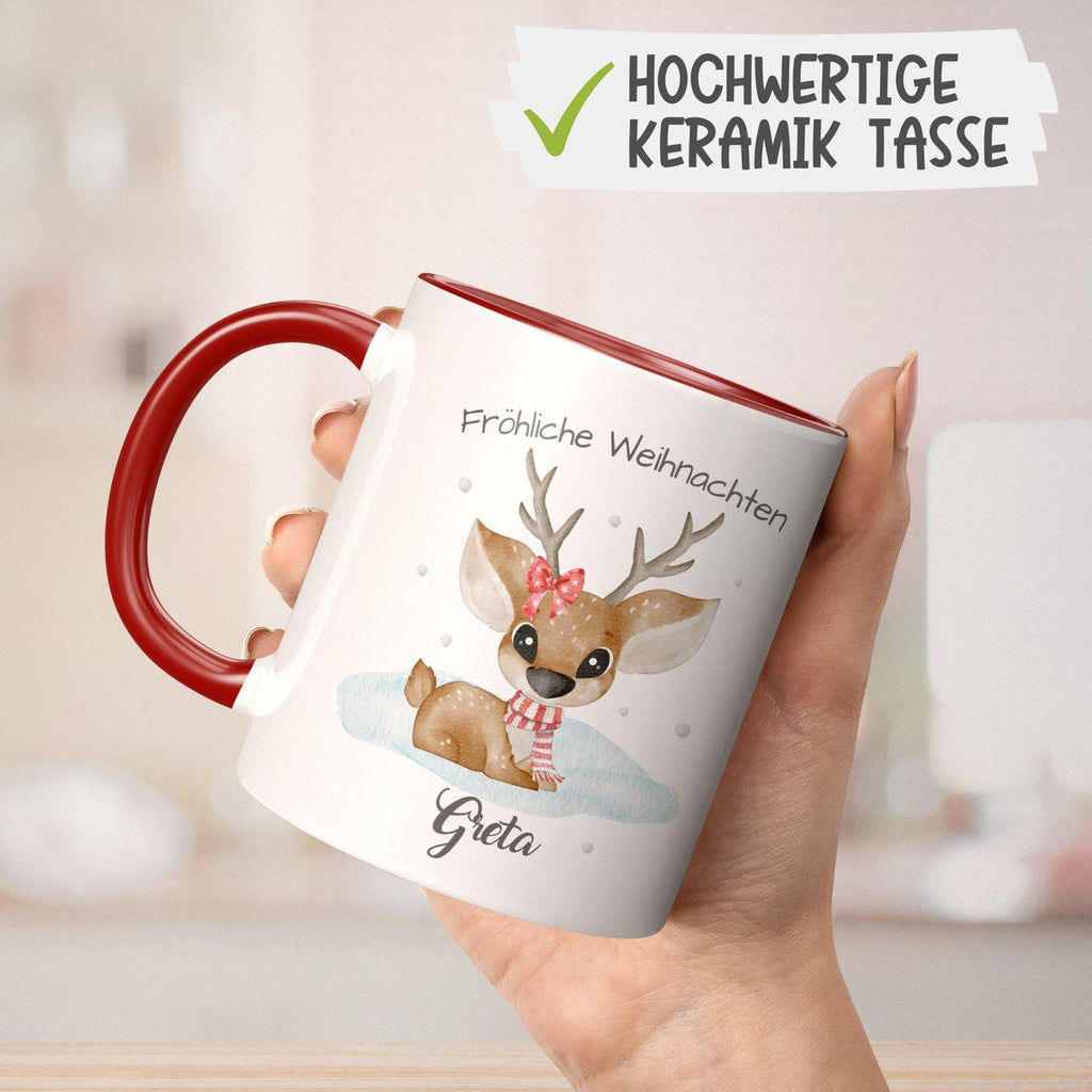 Keramik Tasse Fröhliche Weihnachten mit einem Niedlichen Reh im Schnee - personalisiert mit Namen - von Mikalino