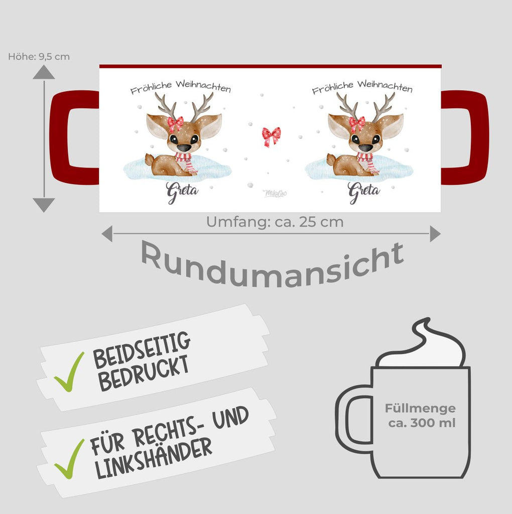 Keramik Tasse Fröhliche Weihnachten mit einem Niedlichen Reh im Schnee - personalisiert mit Namen - von Mikalino