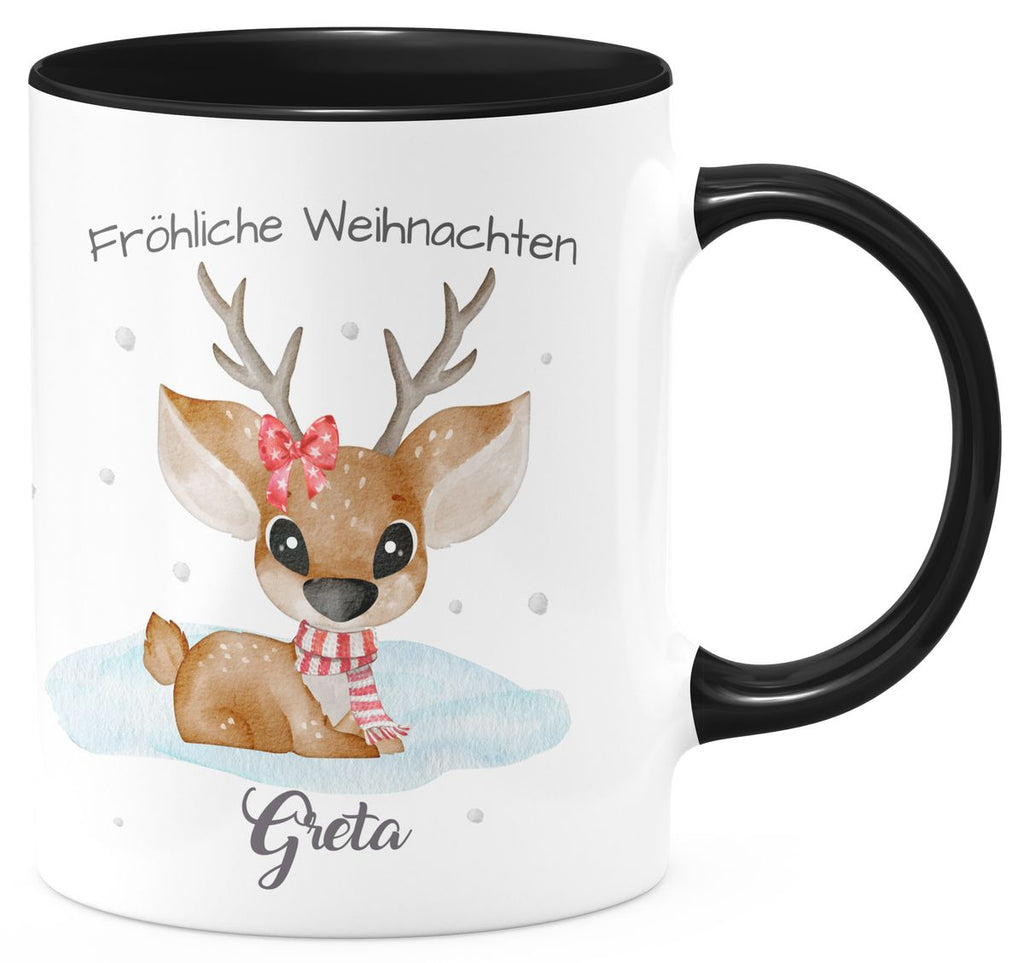 Keramik Tasse Fröhliche Weihnachten mit einem Niedlichen Reh im Schnee - personalisiert mit Namen - von Mikalino