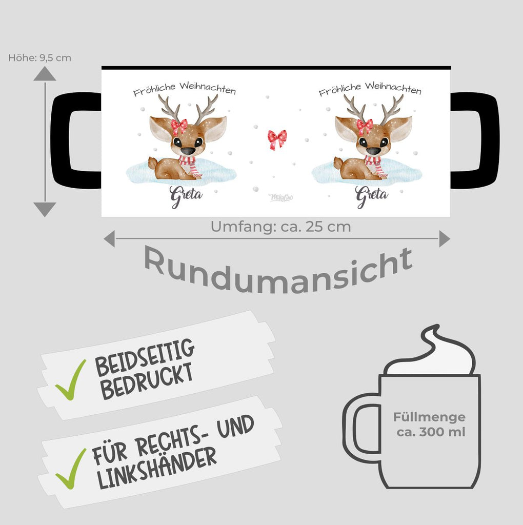 Keramik Tasse Fröhliche Weihnachten mit einem Niedlichen Reh im Schnee - personalisiert mit Namen - von Mikalino