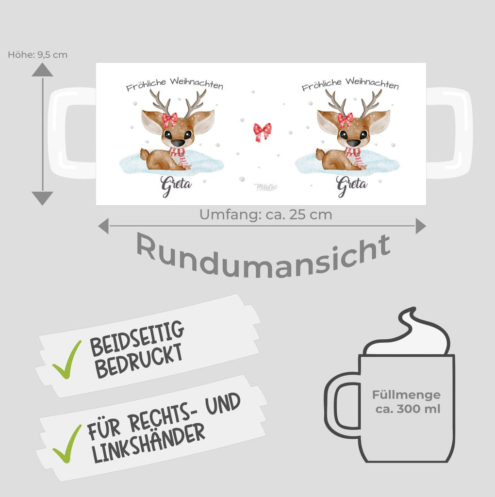 Keramik Tasse Fröhliche Weihnachten mit einem Niedlichen Reh im Schnee - personalisiert mit Namen - von Mikalino