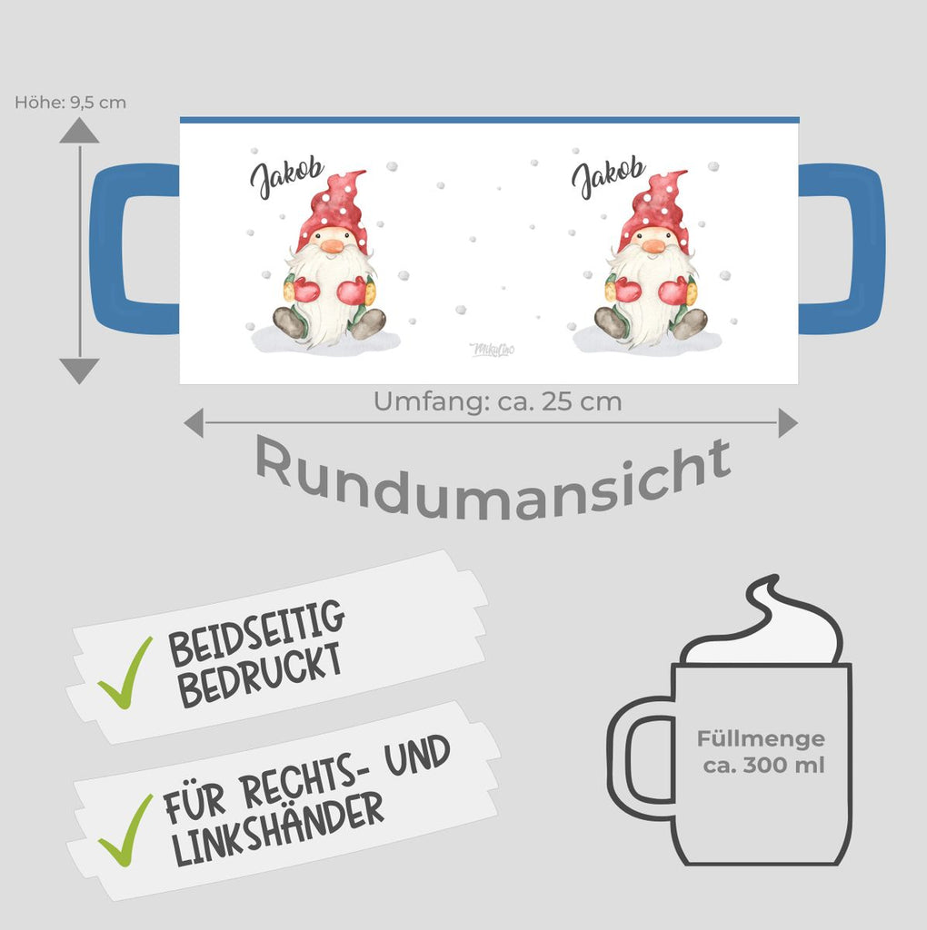 Keramik Tasse Fröhlicher Wichtel im Winter in rot - personalisiert mit Namen - von Mikalino