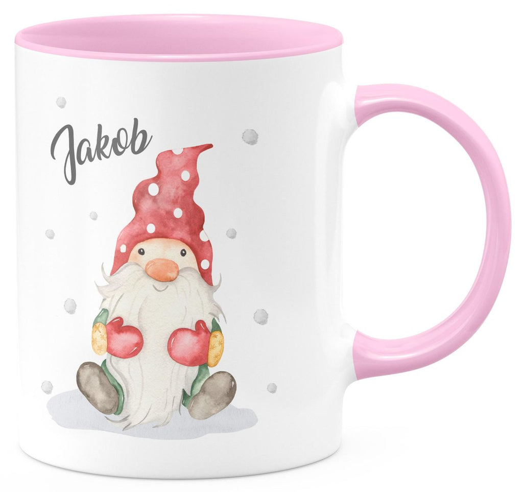 Keramik Tasse Fröhlicher Wichtel im Winter in rot - personalisiert mit Namen - von Mikalino