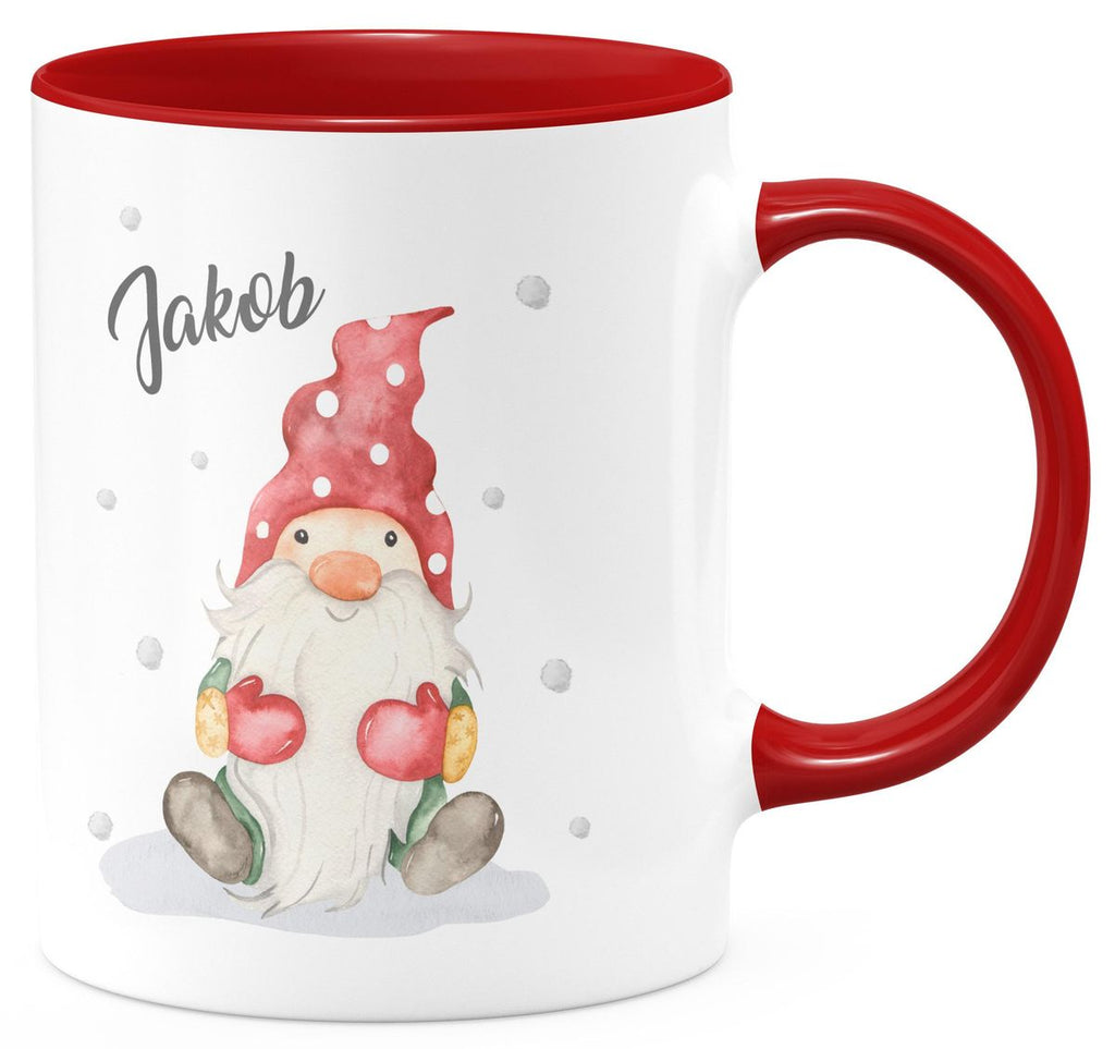 Keramik Tasse Fröhlicher Wichtel im Winter in rot - personalisiert mit Namen - von Mikalino