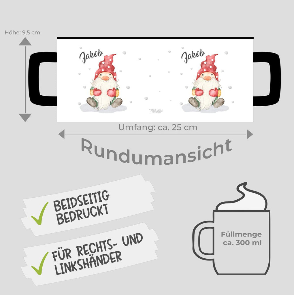 Keramik Tasse Fröhlicher Wichtel im Winter in rot - personalisiert mit Namen - von Mikalino