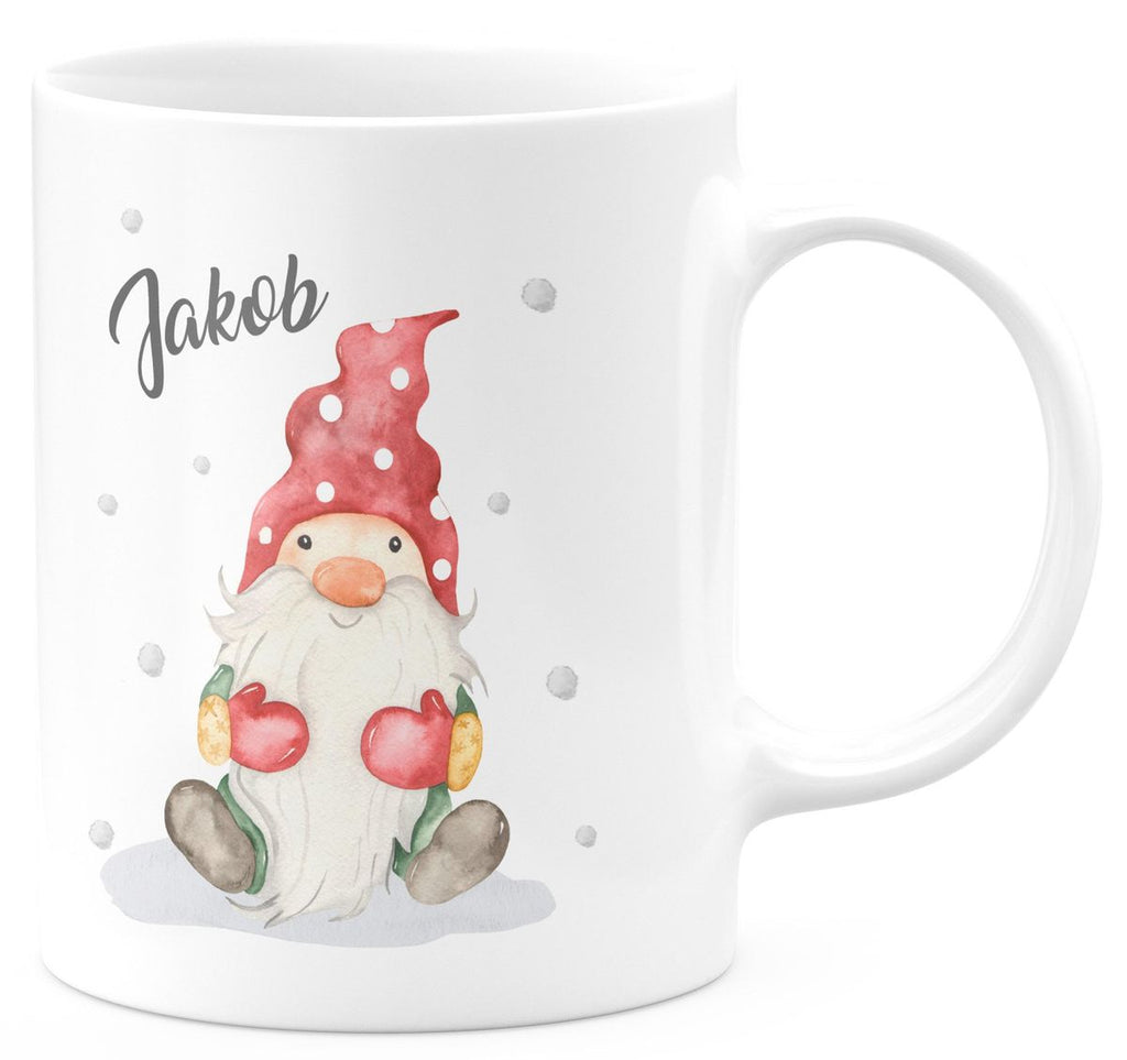 Keramik Tasse Fröhlicher Wichtel im Winter in rot - personalisiert mit Namen - von Mikalino