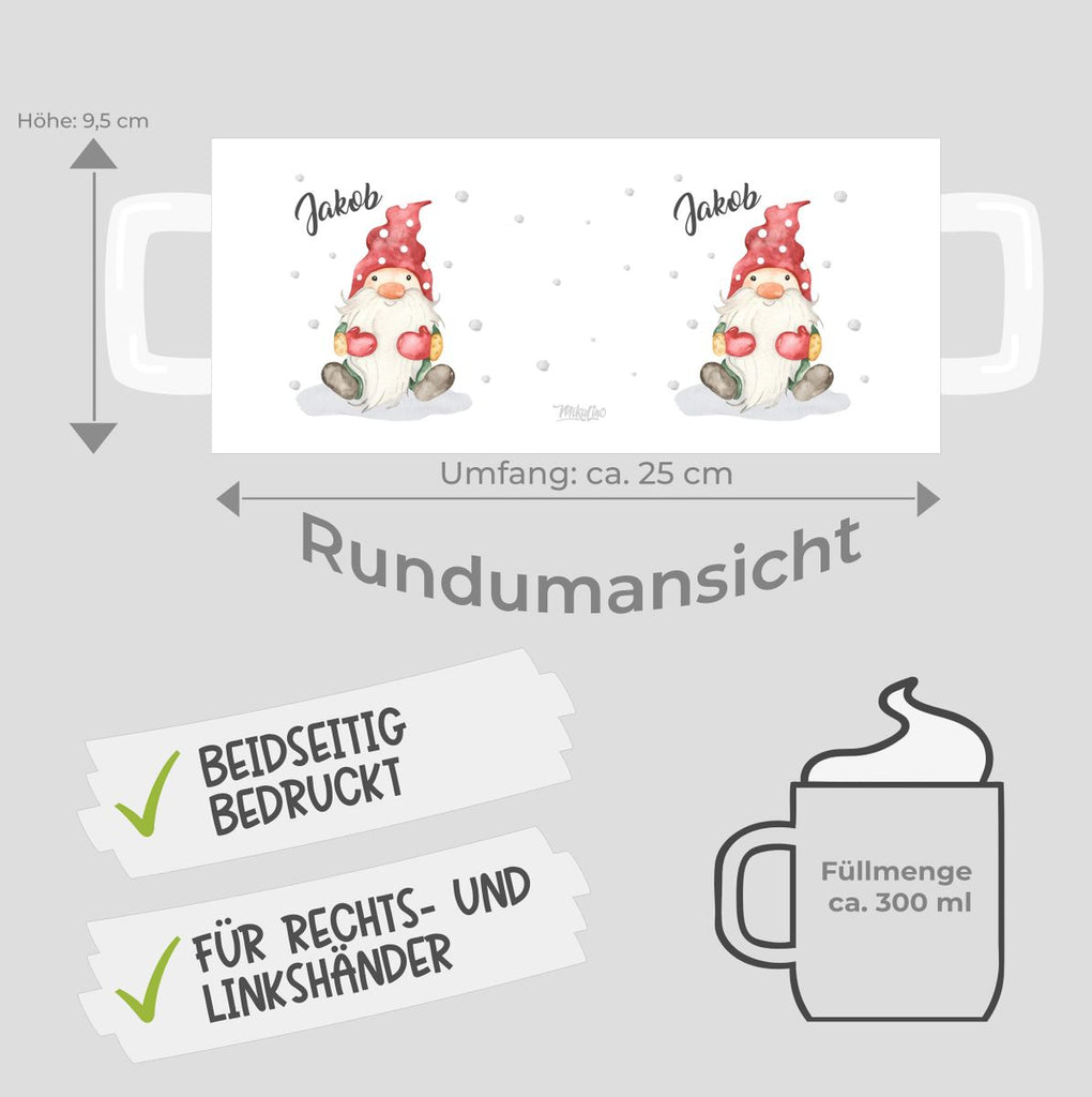 Keramik Tasse Fröhlicher Wichtel im Winter in rot - personalisiert mit Namen - von Mikalino