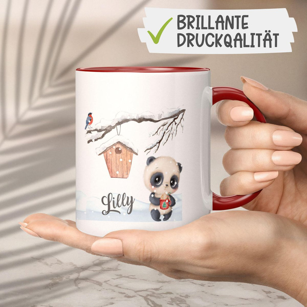 Keramik Tasse Süßer Waschbär in Schneelandschaft - personalisiert mit Namen - von Mikalino