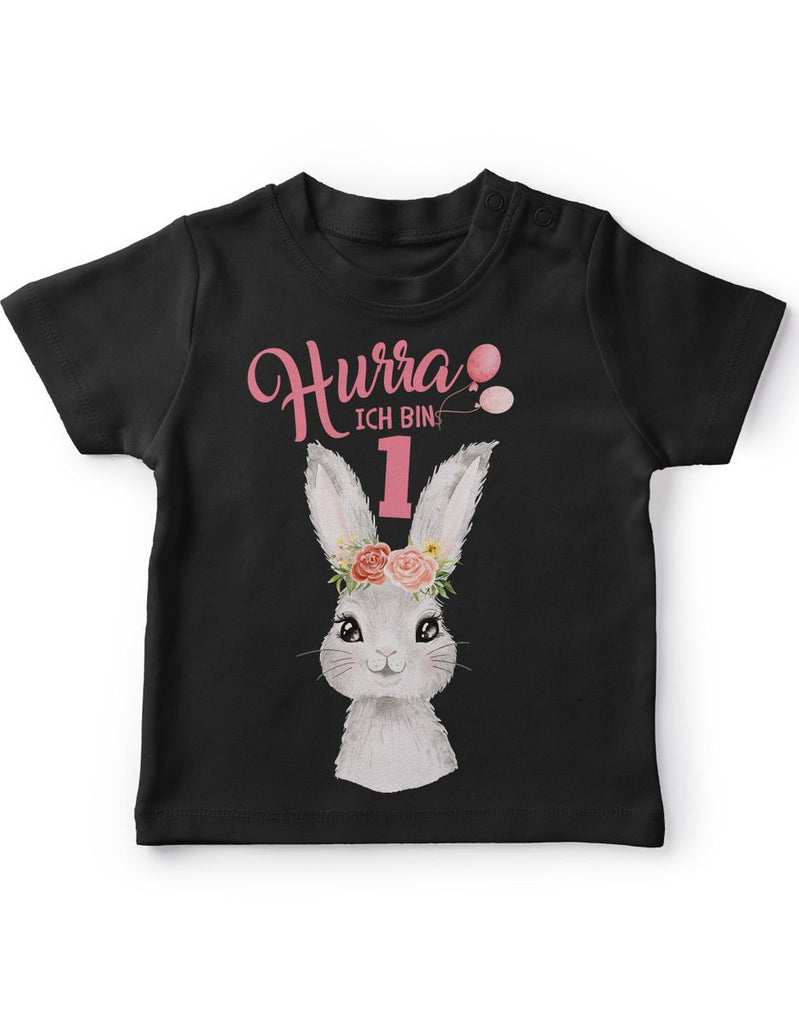 Baby / Kinder T-Shirt mit Spruch Hurra ich bin Eins 1 Süßes Motiv zum ersten Geburtstag mit Hase - von Mikalino