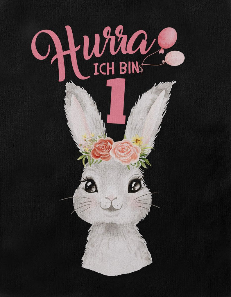 Baby / Kinder T-Shirt mit Spruch Hurra ich bin Eins 1 Süßes Motiv zum ersten Geburtstag mit Hase - von Mikalino