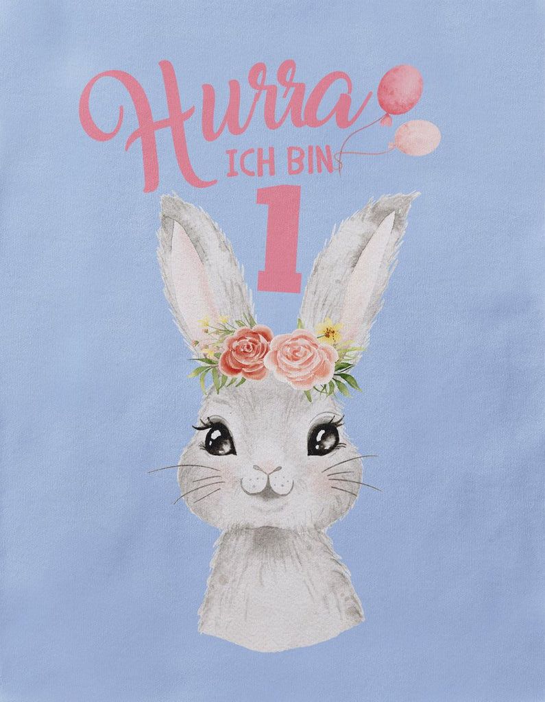 Baby / Kinder T-Shirt mit Spruch Hurra ich bin Eins 1 Süßes Motiv zum ersten Geburtstag mit Hase - von Mikalino