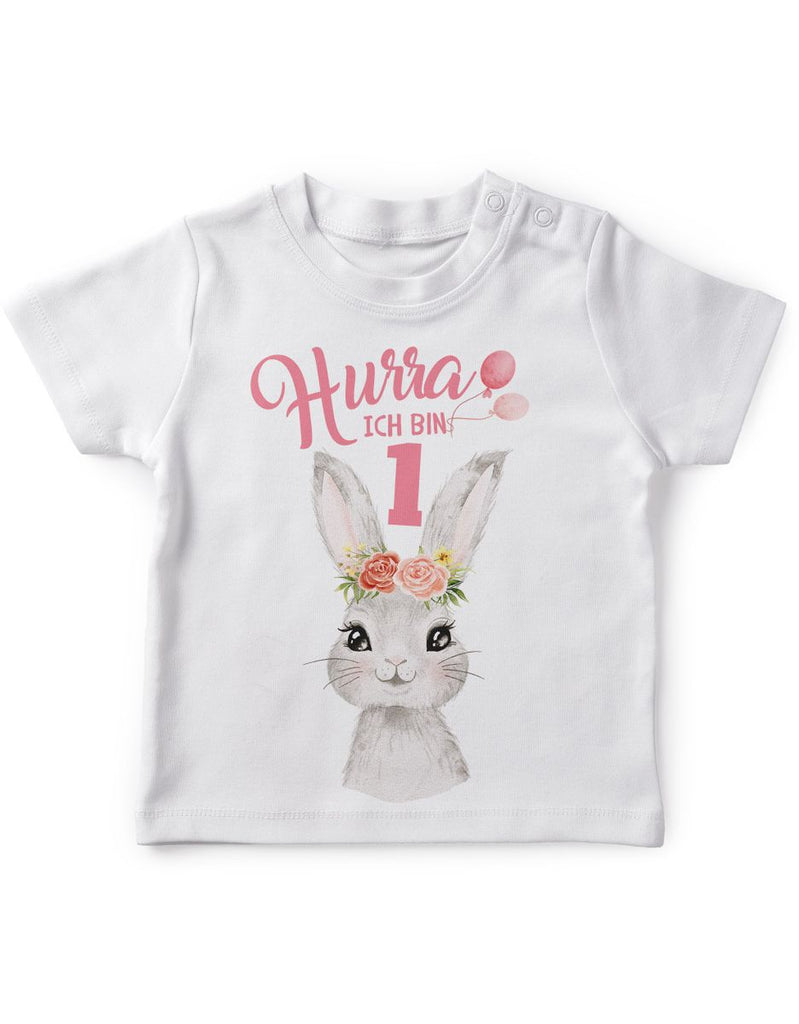 Baby / Kinder T-Shirt mit Spruch Hurra ich bin Eins 1 Süßes Motiv zum ersten Geburtstag mit Hase - von Mikalino