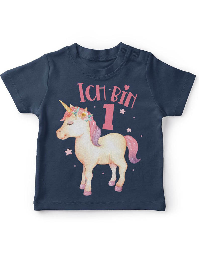 Baby / Kinder T-Shirt mit Spruch Ich bin Eins 1 Süßes Einhornmotiv zum ersten Geburtstag - von Mikalino