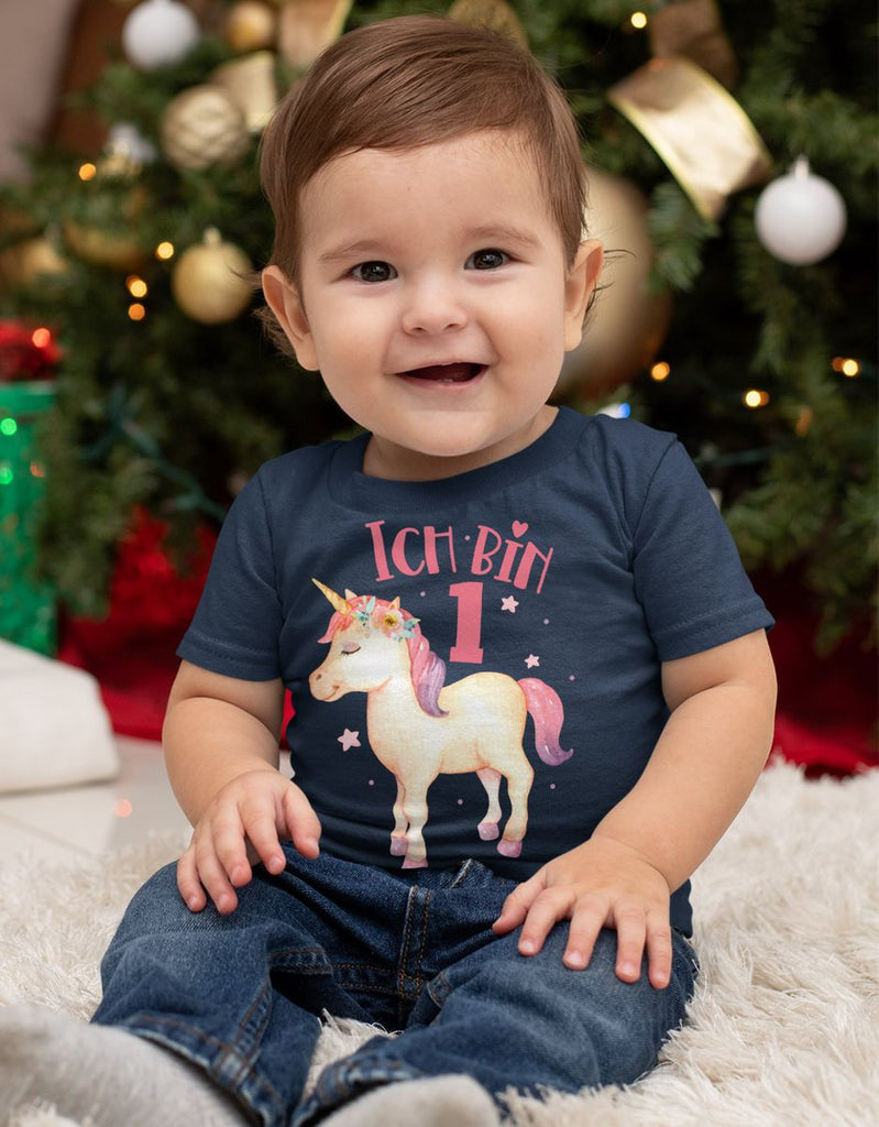 Baby / Kinder T-Shirt mit Spruch Ich bin Eins 1 Süßes Einhornmotiv zum ersten Geburtstag - von Mikalino