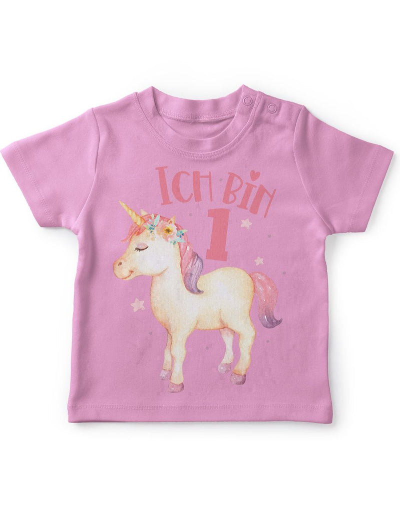 Baby / Kinder T-Shirt mit Spruch Ich bin Eins 1 Süßes Einhornmotiv zum ersten Geburtstag - von Mikalino